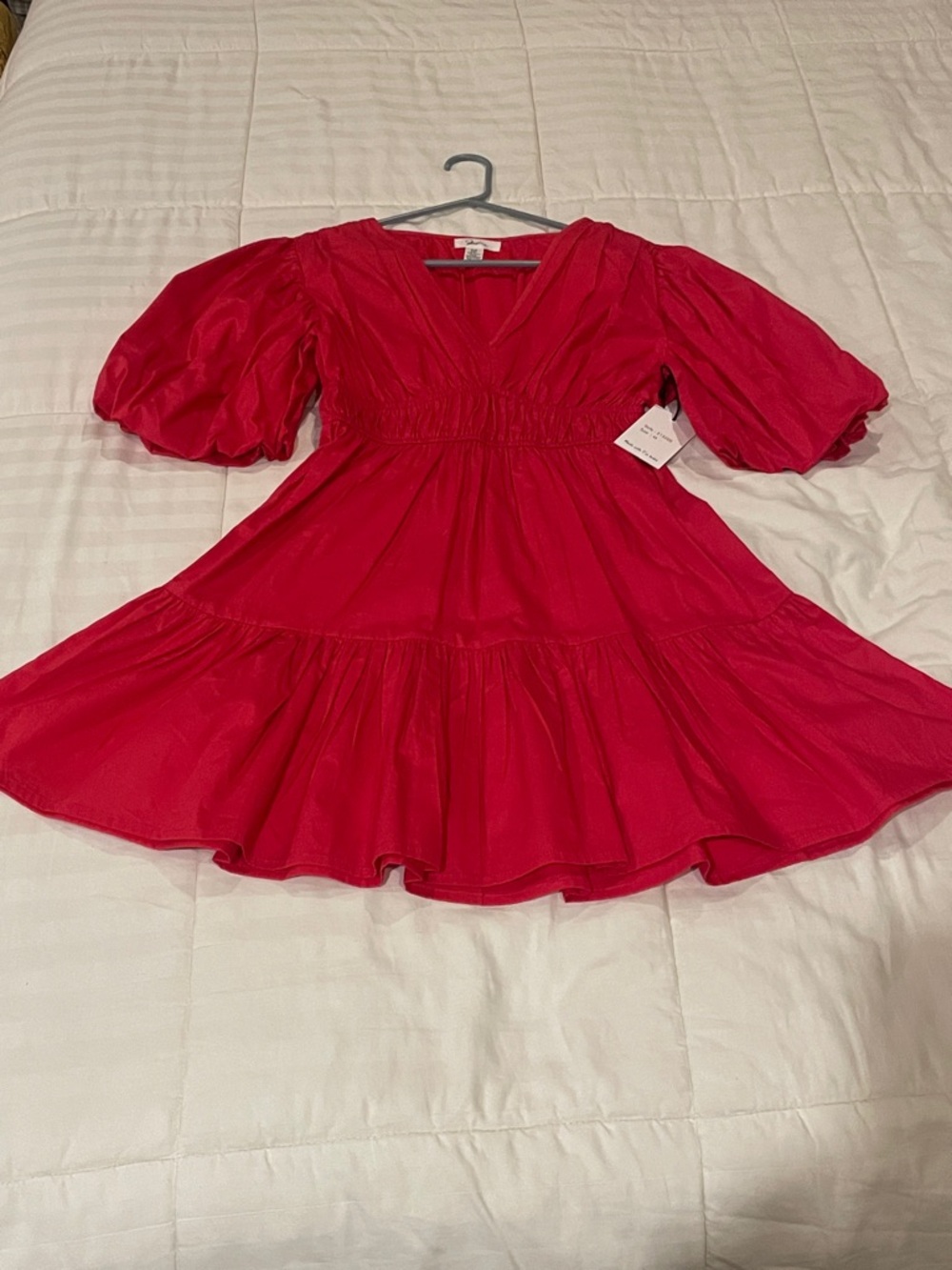 Japna Hot Pink Puff-Sleeve Tiered Dress